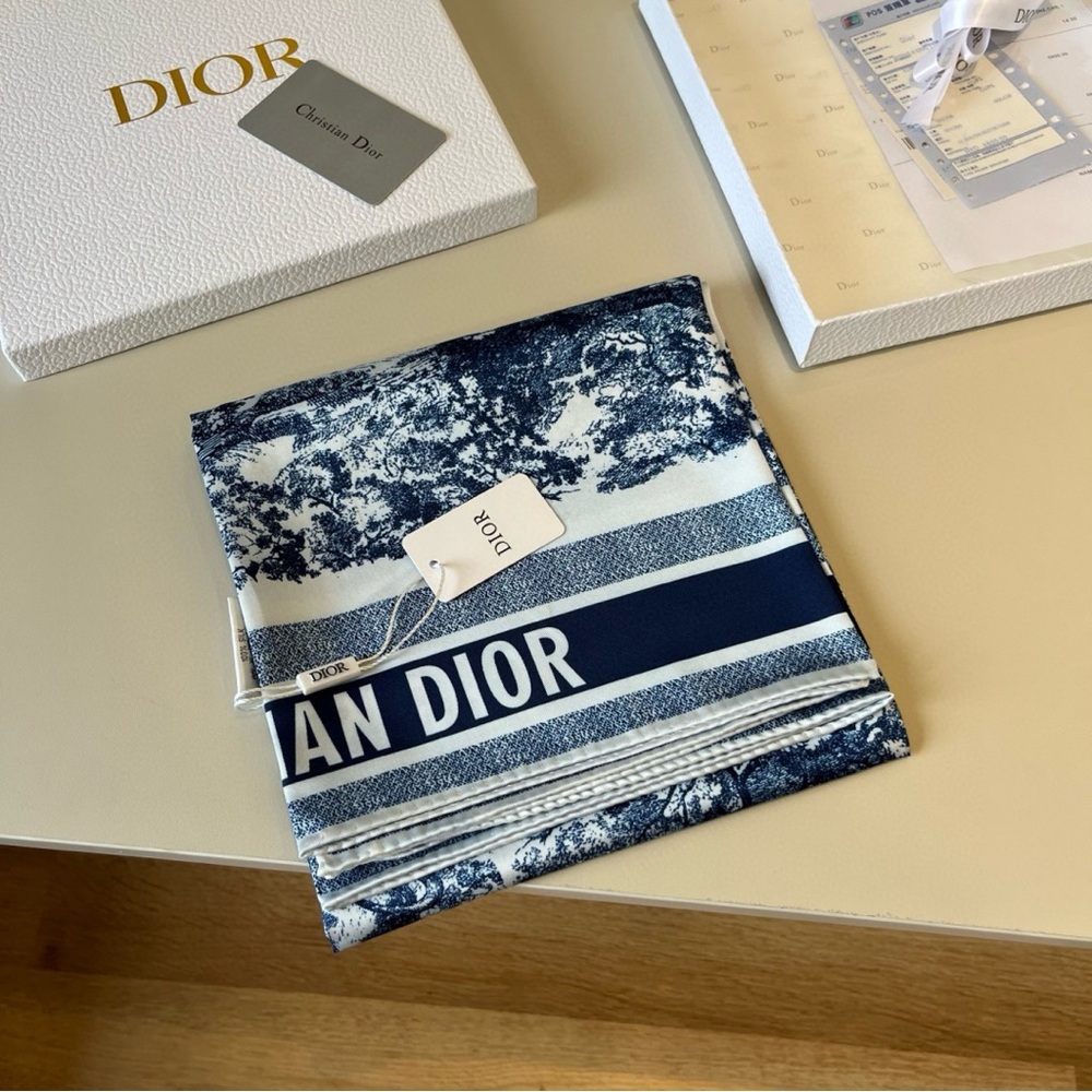 Dior Style Navy & White Toile de Jouy Print Silk Scarf - Picture 5 of 7